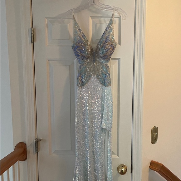 Jovani Iridescent Silver and Blue Sequin Prom Dress